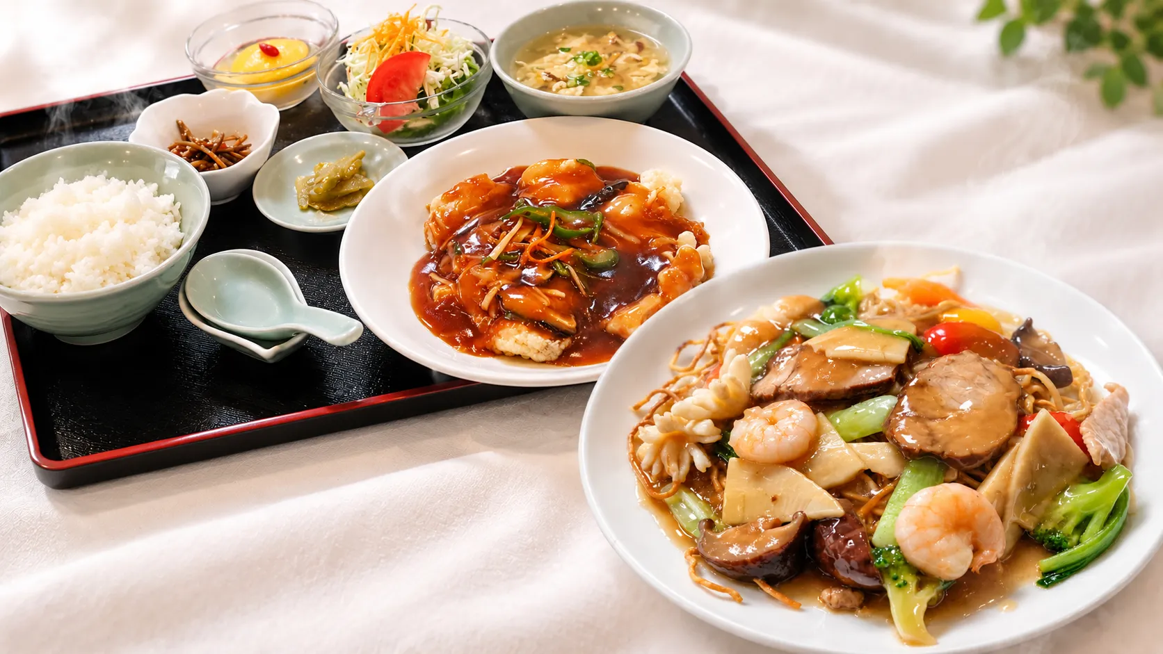 伊万里市の中華料理店 天狗屋飯店の期間限定メニュー 広東風焼きそばと白身魚の甘酢餡かけ定食